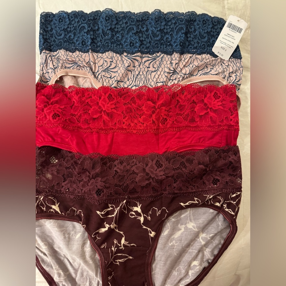 Lace Trimmed Panties Set - Blue, Red, Burgundy NEW